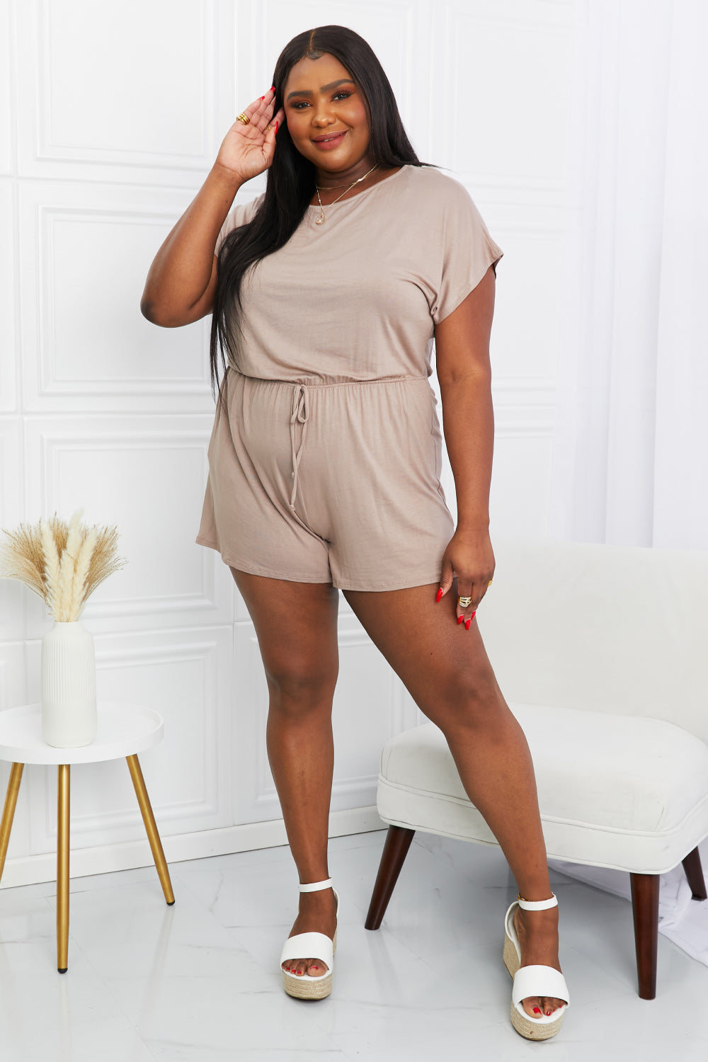 Round Neck Short Sleeve Romper with Pockets