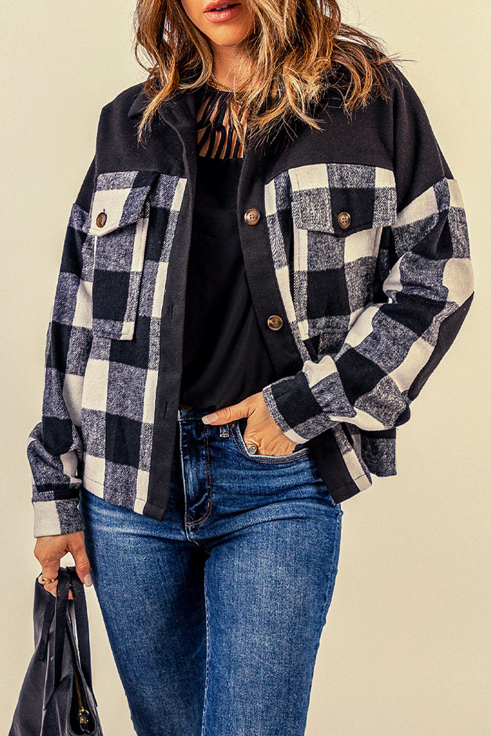 Plaid Button-Up Shacket with Pockets
