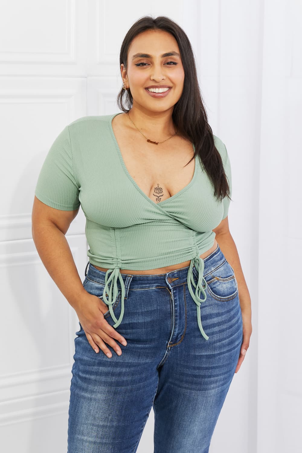 Back To Simple Ribbed Front Scrunched Top in Green