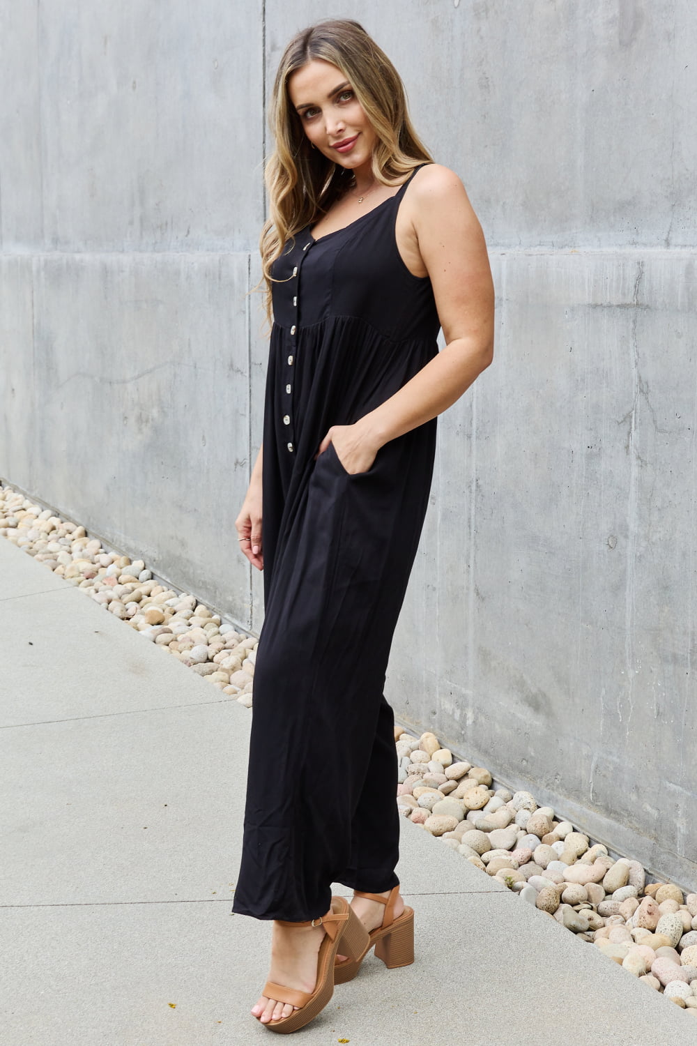 All Day Wide Leg Button Down Jumpsuit in Black
