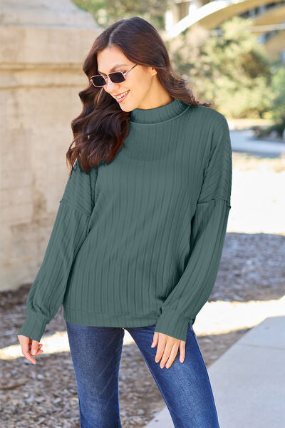 Ribbed Exposed Seam Mock Neck Knit Top