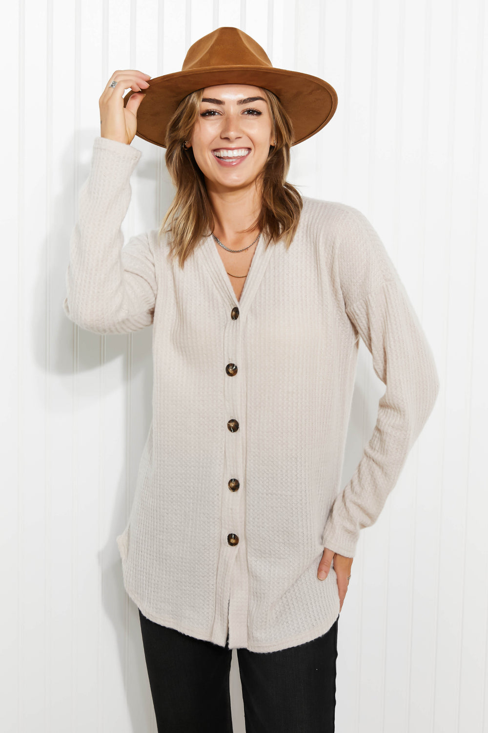 Heimish Home at Last Full Size Waffle Knit Button Down Cardigan