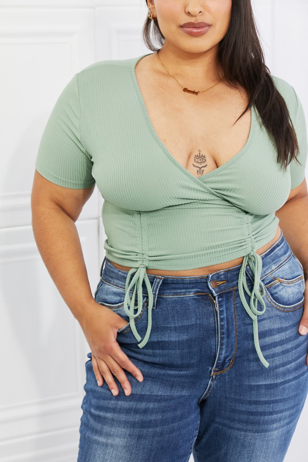Back To Simple Ribbed Front Scrunched Top in Green