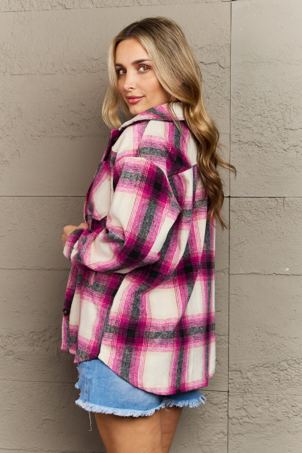 By The Fireplace Oversized Plaid Shacket in Magenta