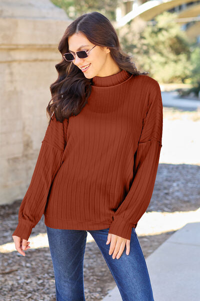 Ribbed Exposed Seam Mock Neck Knit Top