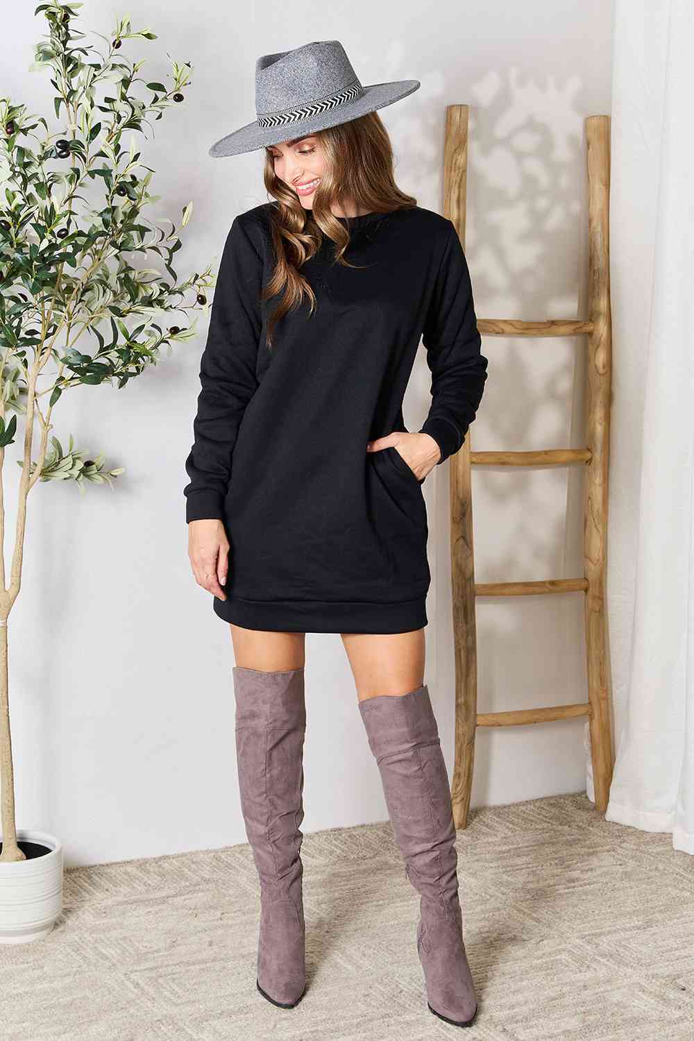 Round Neck Long Sleeve Dress with Pockets