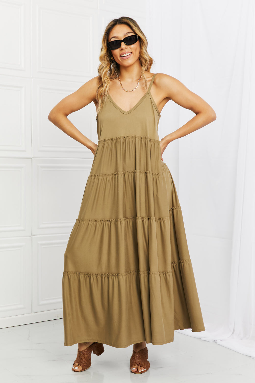 Spaghetti Strap Tiered Dress with Pockets in Khaki