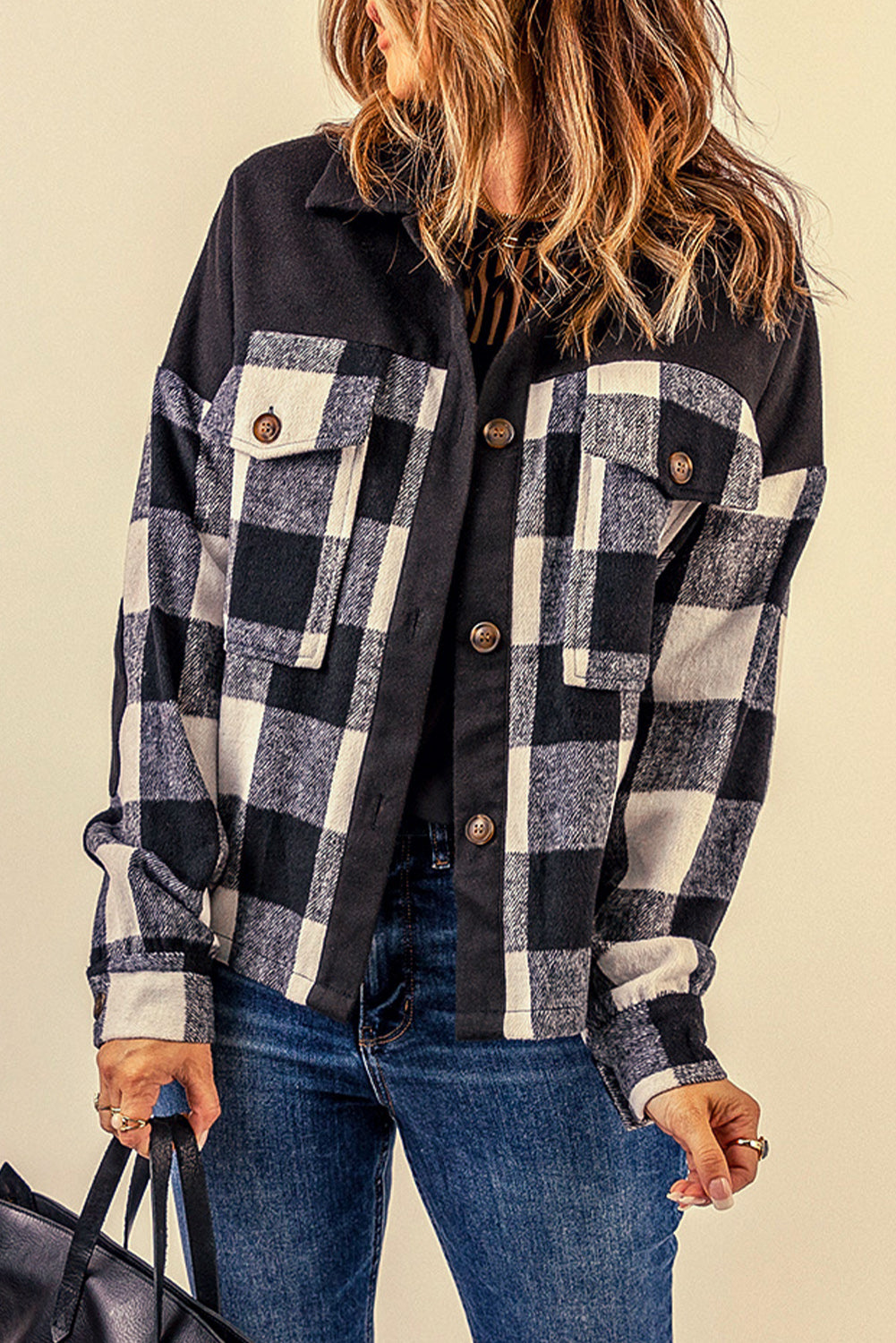 Plaid Button-Up Shacket with Pockets