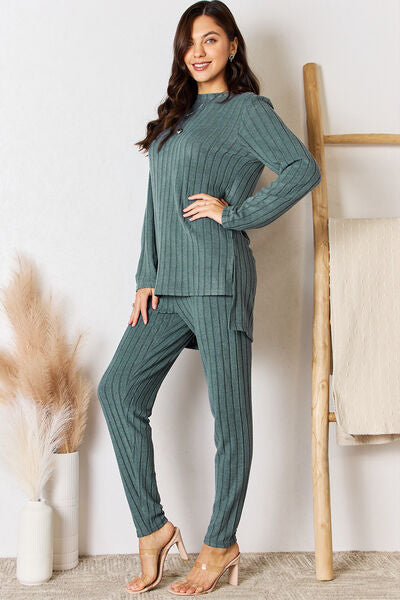 Ribbed Round Neck High-Low Slit Top and Pants Set